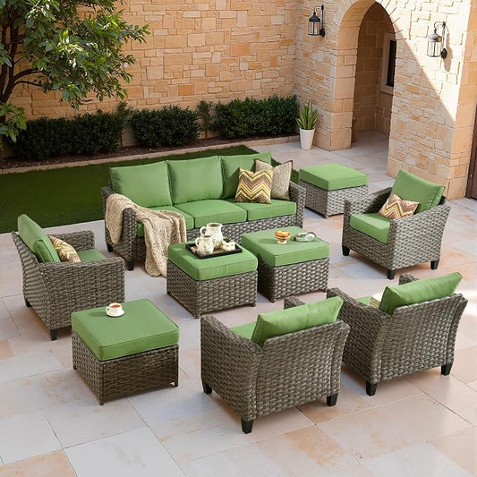 CAODOC Patio Furniture Set, 7 Pieces Outdoor Wicker Rattan Sofa Couch with 4 Chairs, Ottomans and Comfy Cushions, All Weather High Back Conversation Set Garden Backyard, Brown Rattan Green Cushions