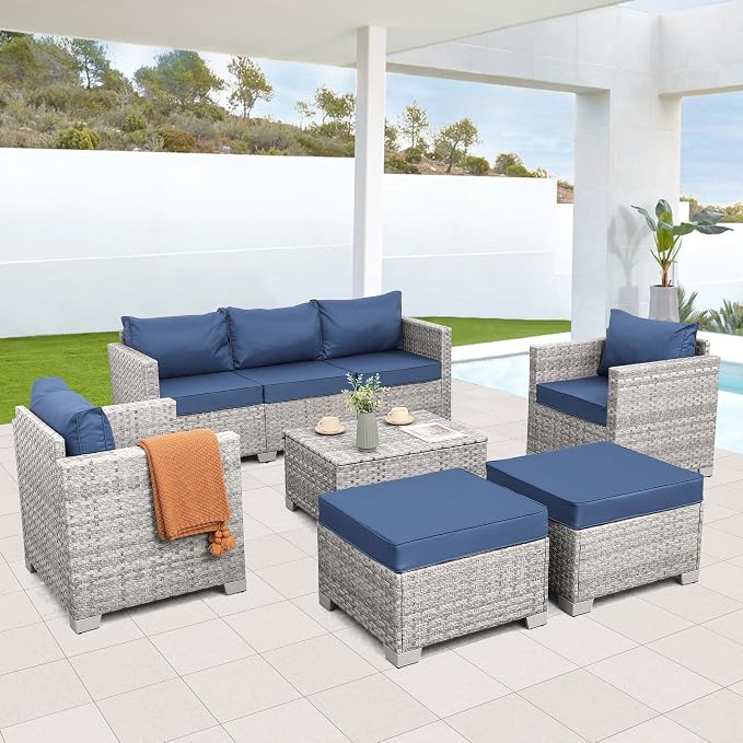 WAROOM Patio Furniture Set 6 Piece PE Rattan Outdoor Conversation Sets Grey Wicker Couch Sectional Sofa with Storage Coffee Table and Navy Blue Cushion