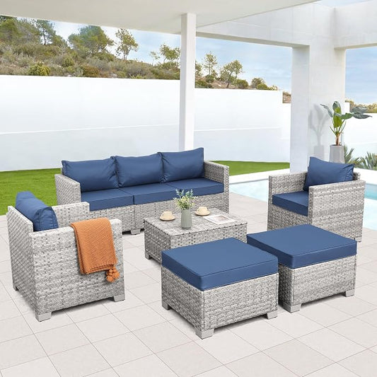 WAROOM Patio Furniture Set 6 Piece PE Rattan Outdoor Conversation Sets Grey Wicker Couch Sectional Sofa with Storage Coffee Table and Navy Blue Cushion