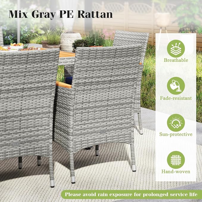 Tangkula 9 Pieces Rattan Outdoor Dining Set for 8, Outdoor Acacia Wood Table Set with 8 Cushioned Wicker Chairs, Umbrella Hole, Patio Dining Furniture Set for Deck Pool Backyard