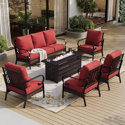 SUNSHINE VALLEY 6 Piece Metal Outdoor Patio Furniture Sets with Firepit Table, Patio Conversation Sets 1 3-Seater Sofa, 4 Single Sofa with 5.75" Extra Cushion Backyard Furniture for Deck, Rust Red