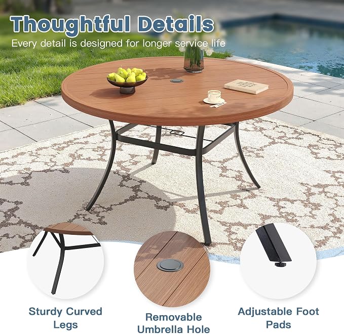 DIFY 7 Pieces Outdoor Dining Set for 6, 50" Round Dining Table with Umbrella Hole & Wicker Swivel Patio Chairs with Cushions, Metal Patio Table and Chairs Set for Backyard Porch Garden, Walnut