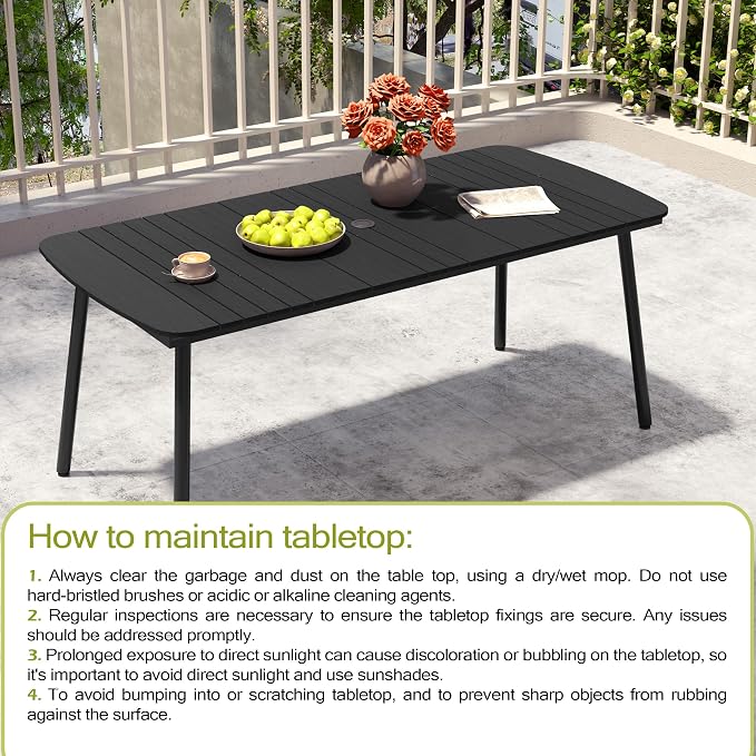 Crestlive Products Outdoor Dining Table for 6, 70In Aluminum Patio Table with Umbrella Hole Weather Resistant Rectangle OutsideTables for Garden Lawn, Black