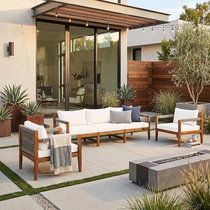 3 Pieces Outdoor Sectional Sofa Set, All Weather Rope Woven Patio Conversation Set with Solid Acacia Wood Frame, Water-Resistant Removable Cushions for Backyard Deck Poolside (Beige-4.19)