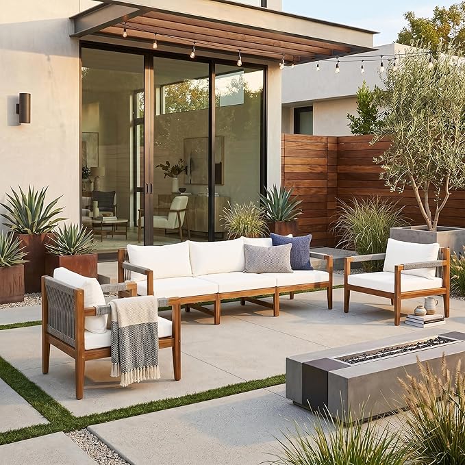 JIVOIT 3 Pieces Outdoor Rope Woven Sectional Sofa Set, Solid Acacia Wood Patio Conversation Set with Three-Seater Sofa and 2 Armchairs, Removable Cushions for Backyard, Deck and Poolside (Beige/24)