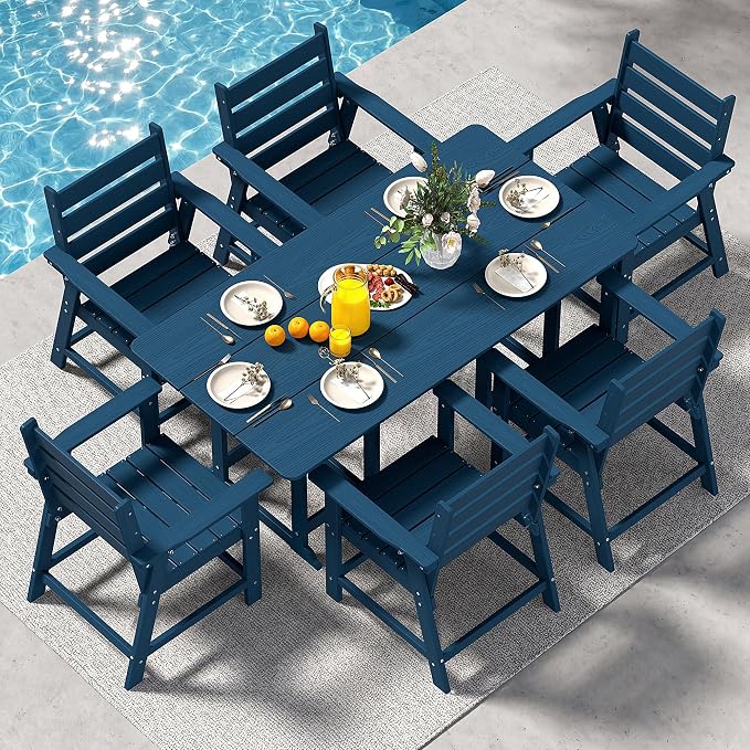 7-Piece Dining Set, HDPE Table & 6 Chairs, Navy Blue | HDPE Dining Set: 69.1" Table + 6 Chairs, 380 lbs, 304 Stainless, All-Weather, No Rust No Crack, Outdoor Patio Garden