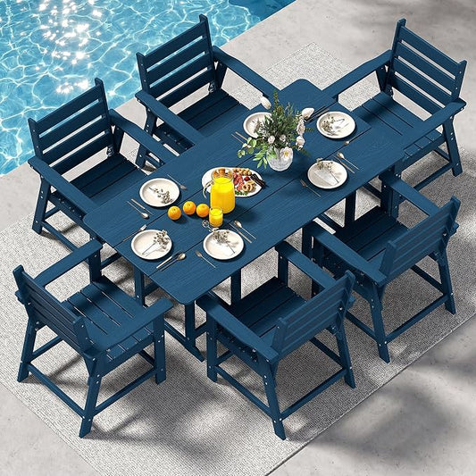 7-Piece Dining Set, HDPE Table & 6 Chairs, Navy Blue | HDPE Dining Set: 69.1" Table + 6 Chairs, 380 lbs, 304 Stainless, All-Weather, No Rust No Crack, Outdoor Patio Garden