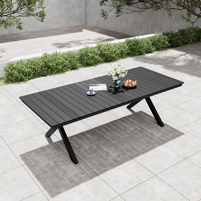 Pellebant 94" Outdoor Dining Table for 8-10, 8ft Aluminum Patio Table with Umbrella Hole, Weather Resistant Black Wood Grain Tabletop and Sturdy Frame for Deck, Porch, Backyard
