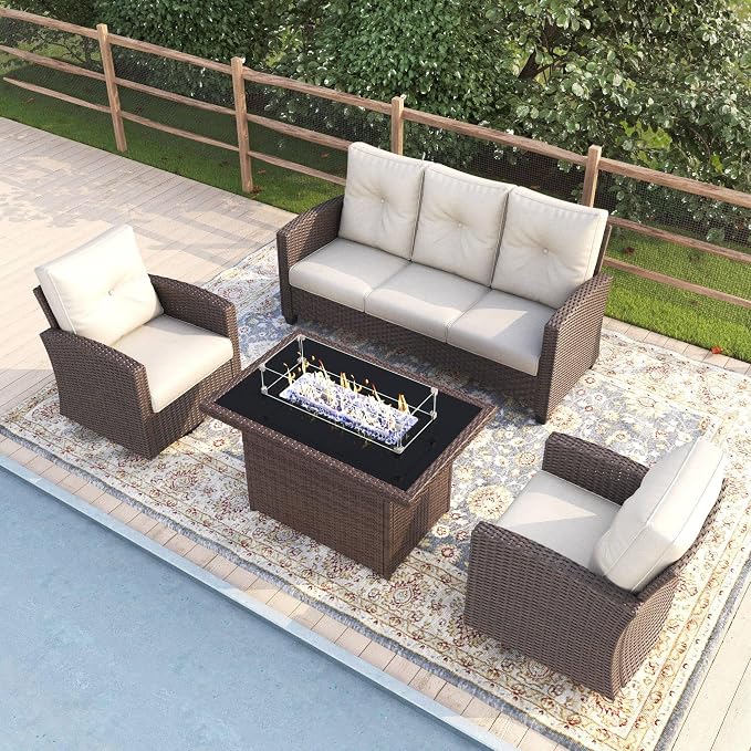 4 Pieces Patio Furniture Swivel Chairs Set with Fire Pit Table, Outdoor Wicker Glider Rocking Chairs with Sofa Set