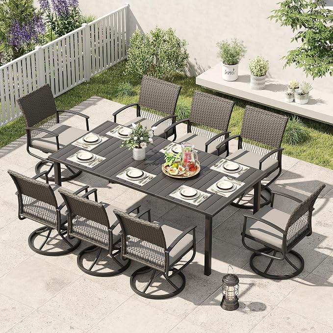 HAPPATIO 9-Piece Patio Dining Set with Wicker Swivel Rocker Patio Chairs | Outdoor Dining Set, Powder-Coated Metal Dining Table with Umbrella Hole, Removable Cushions for Outside Lawn, Garden