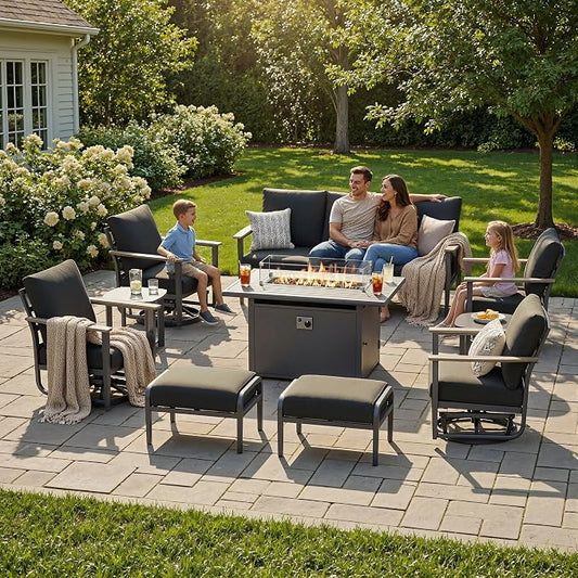 Aluminum Outdoor Patio Furniture Set with Swivel Rocking Chairs 9-Seat, Patio Sectional Sofa with Ottomans Patio Conversation Set with 55,000 BTU Fire Pit Table & High Backrest, Dark Grey