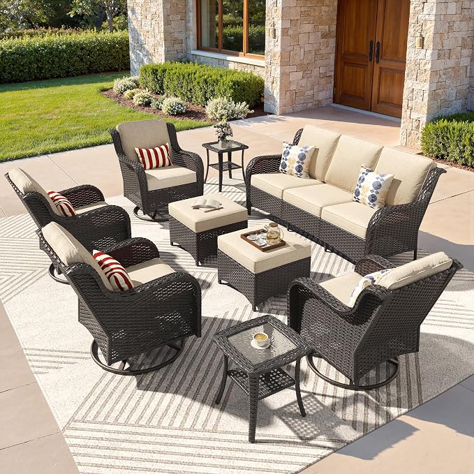 ovios 9-Piece Patio Furniture Set with Swivel Chairs Side Table, Outdoor Wicker Sofa with Comfy Cushions, High Back Couch Modern Conversation Sets, Brown/Beige