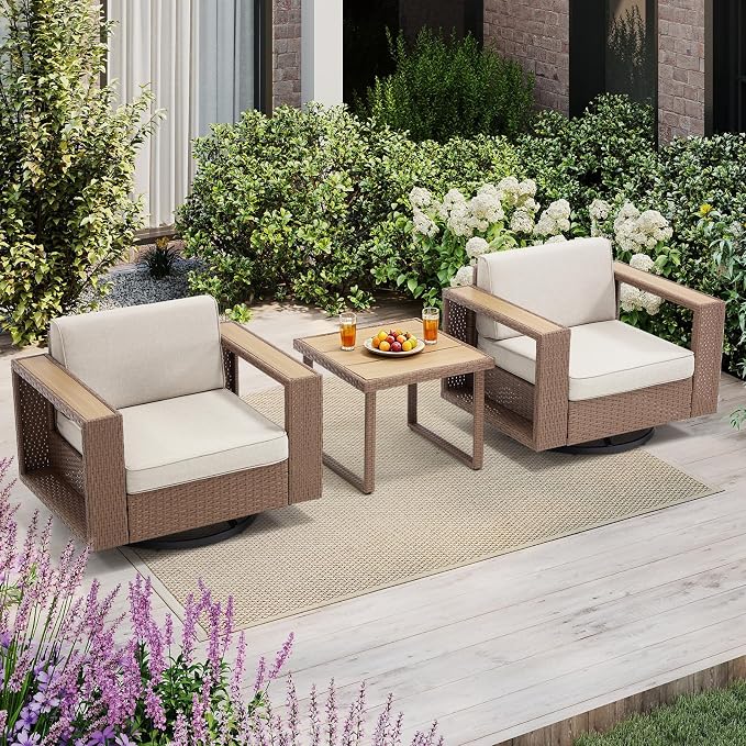 Bonzy Home Wicker Patio Chairs Set of 2 with Rattan Side Table, 360° Swivel Rattan Outdoor Accent Chairs with Extra-Thick Soft Cushions, Patio Conversation Sets for Porch, Garden Poolside Balcony