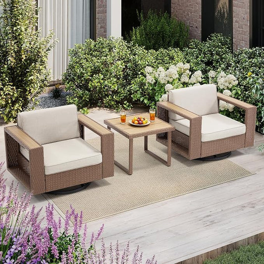 Bonzy Home Wicker Patio Chairs Set of 2 with Rattan Side Table, 360° Swivel Rattan Outdoor Accent Chairs with Extra-Thick Soft Cushions, Patio Conversation Sets for Porch, Garden Poolside Balcony