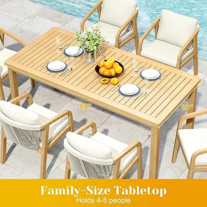 FansaFurn 3-Piece Outdoor Dining Set for 4 with 2 Benches and Cushion, All-Weather Acacia Wood Patio Table and Bench Set for Garden and Lawn, Beige