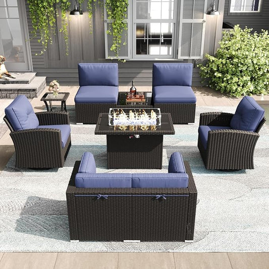 LayinSun 9 Pieces Patio Furniture Set with Fire Pit Table, Black Rattan Modular Sectional Outdoor Conversation Sofa Set, Swivel Rocking Chairs Set
