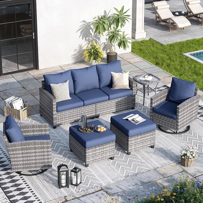 Patio Furniture Set, 6 Pcs Patio Outdoor Sectional, Wicker Outdoor Couch with Swivel Chair, Ottomans, Side Table, 4" Thick Cushion, for Garden Backyard Deck,Navy Blue