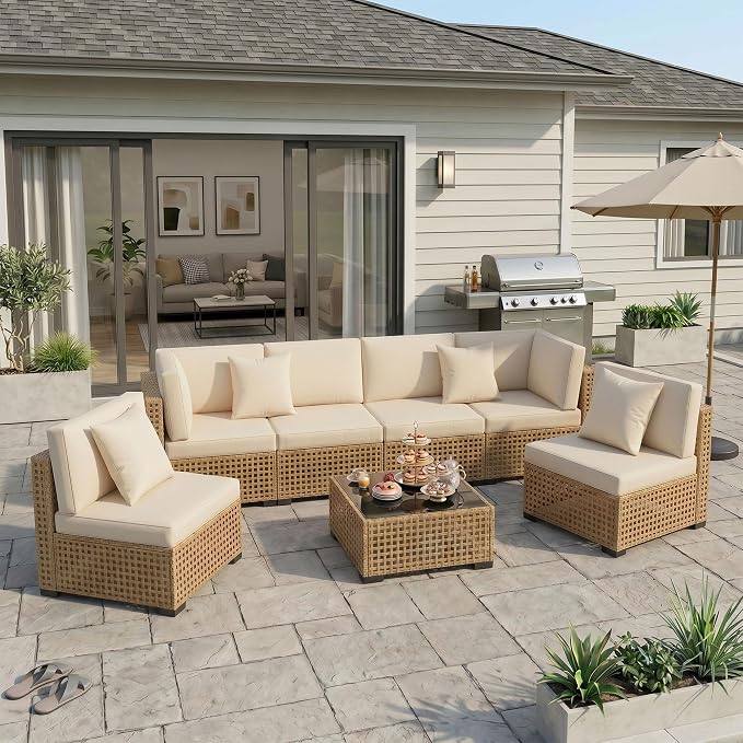 KIGOTY 7-Piece Patio Furniture Set, All-Weather PE Rattan Outdoor Sectional Sofa, Modular Wicker Conversation Set with Thick Cushions & Easy-Clean Coffee Table（Yellow/White）