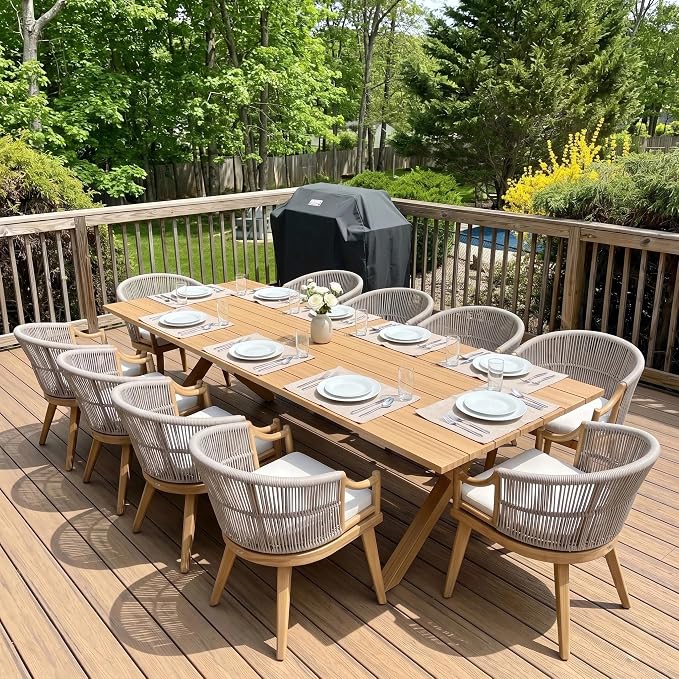 PURPLE LEAF 11 Pieces Outdoor Dining Set All Weather Wicker Patio Dining Set with Rectangular Aluminum Table and Modern Armrest Dining Chairs for Garden Deck Backyard Kitchen, Teak