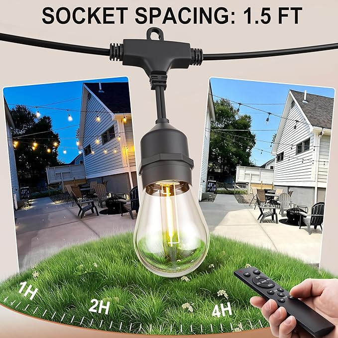 Outdoor String Lights 100FT 64+4 Bulbs(1.5 FT Apart) Remote Patio Lighting | Waterproof IP65 Linkable Outside Lights with Remote Timer&3 Modes for Commercial Backyard Bistro Garden Market Porch Balcony