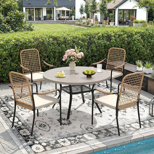 DIFY 5 Pieces Outdoor Dining Set for 4, 40.6" Round Dining Table with Umbrella Hole & Wicker Stackable Patio Chairs with Cushions, Metal Patio Table and Chairs Set for Backyard Porch, Grey Wood-Like