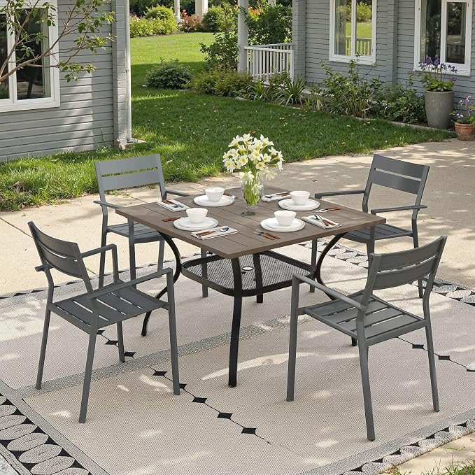 Patio Dining Set for 4, 37.8" Outdoor Dining Table and Chairs Set with Stackable Patio Chairs Outdoor Furniture for Garden Deck Backyard, Grey Table and Grey Chairs