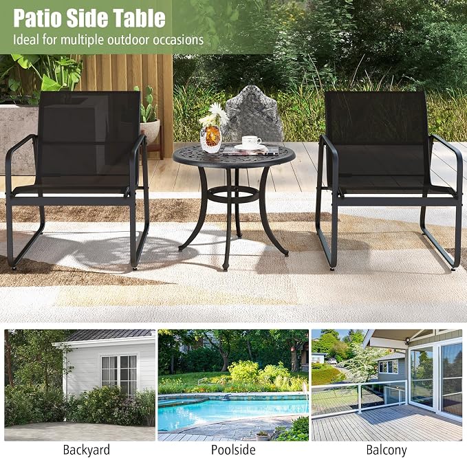 Tangkula 24 Inch Patio Side Table Set of 2, Cast Aluminum End Table with Adjustable Footpads, Outdoor Small Coffee Table, Round Metal Patio Table for Poolside, Backyard, Balcony (2, Black)