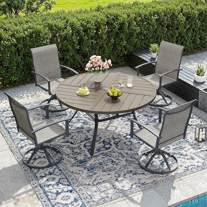 DIFY 47.2" Round Outdoor Patio Dining Table for 6, All-Weather Metal Steel Slatted Patio Table with 1.57" Adjustable Umbrella Hole, for Lawn Garden Porch Backyard, Grey Wood-Like