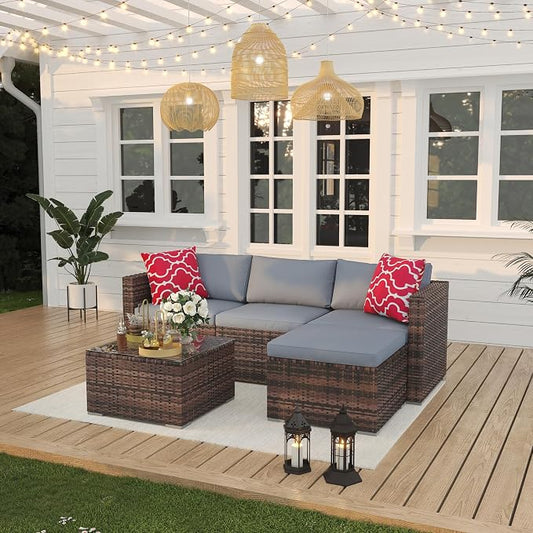 Garvee 5 Pieces Patio Furniture Set, Outdoor Glass Table and Cushions with Rattan Wicker Chairs, Patio Furniture Set for Porch, Balcony, Backyard, Garden, Brown & Grey
