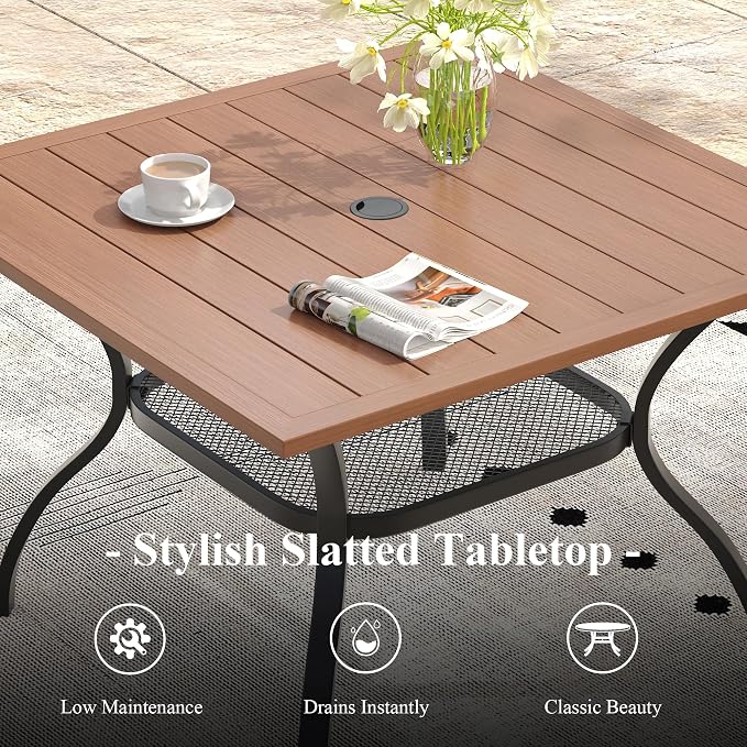 Outdoor Dining Set for 4, 37.8" Metal Outdoor Dining Table with Umbrella Hole and Sling Patio Swivel Chairs, 5 Pieces Patio Table and Chairs Set for Garden Backyard, Charcoal and Walnut