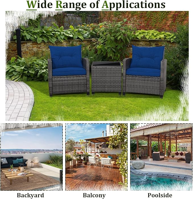 Patio Furniture Set, 3 Pcs Outdoor Wicker Conversation Set with Glass Coffee Table, Patio Chairs w/Washable Cushions, PE Rattan Outdoor Furniture Set for Porch Garden Backyard (Navy)