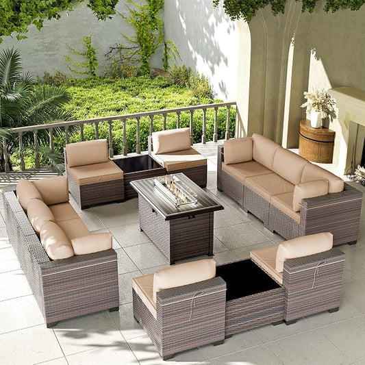 Kullavik 13 Pieces Outdoor Patio Furniture Set with 43" 55000BTU Gas Propane Fire Pit Table PE Wicker Rattan Sectional Sofa Patio Conversation Sets,Khaki