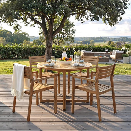 5-Piece Outdoor Patio Dining Set, All-Weather Acacia Wood 47.2" Round Dining Table with 4 Armchairs and Slatted Design for Backyard, Balcony, Garden, Poolside (Natural-4.11)