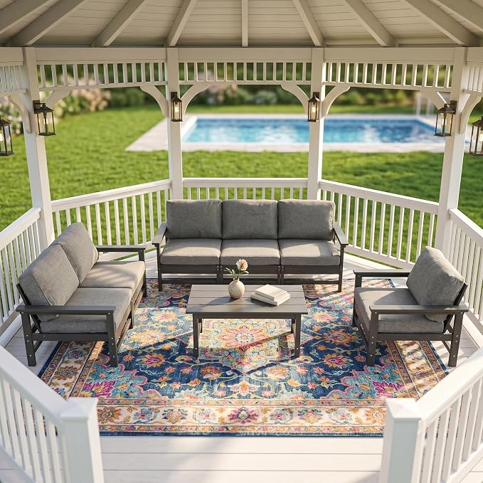 Outdoor Patio Furniture Set, Modular HDPE Conversation Set with 3-Seater Sofa, Loveseat, Armchairs & Large Coffee Table, All-Weather Patio Seating with Cushions