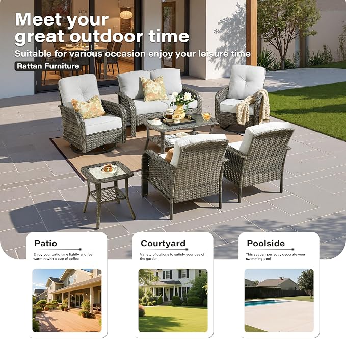 7 Pieces Patio Conversation Sets,Patio Furniture Set with Swivel Rocking Chairs,Coffee Table, Side Table, All Weather Rattan Wicker Outdoor Sectional Furniture Set for Porch Balcony Backyard Gray