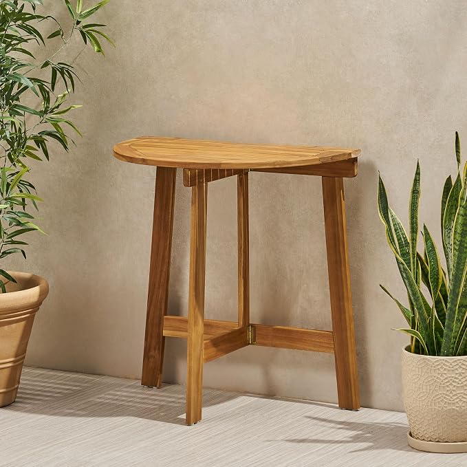Outdoor Foldable Acacia Bistro Table, Half-Round Wall-Mounted Patio Dining Set, Natural Finish
