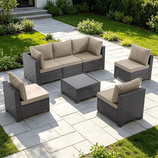 7-Piece Outdoor Patio Furniture Set, Brown PE Rattan Weaving Sofa with Dark Khaki Cushions and Steel Frame, Coffe Table Included, Outdoor Conversation Set