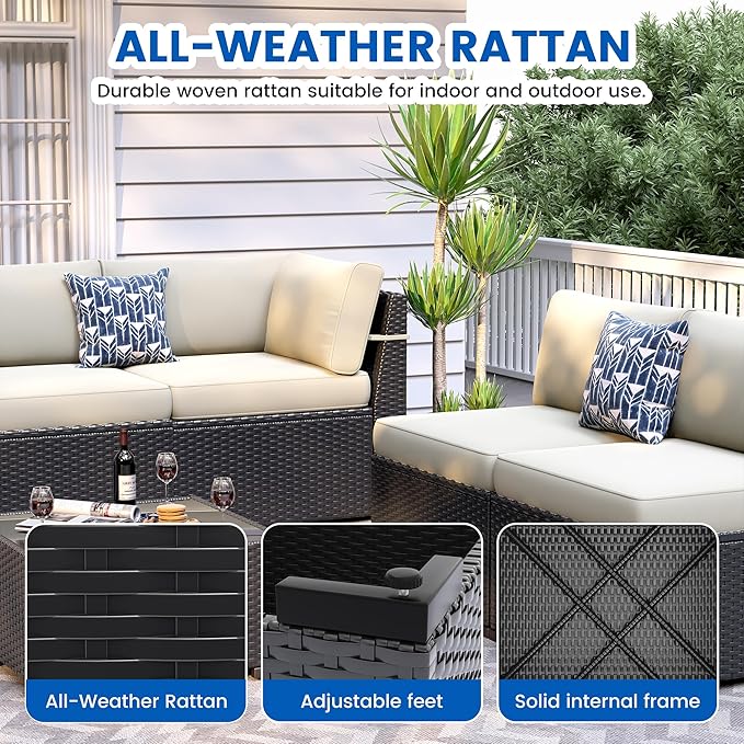 Patio Furniture Sets, 7-Piece Outdoor Patio Furniture with Thick Cushions,Coffee Table Outdoor All-Weather Conversation Set Sectional Sofa for Backyard, Poolside, Garden(Khaki)