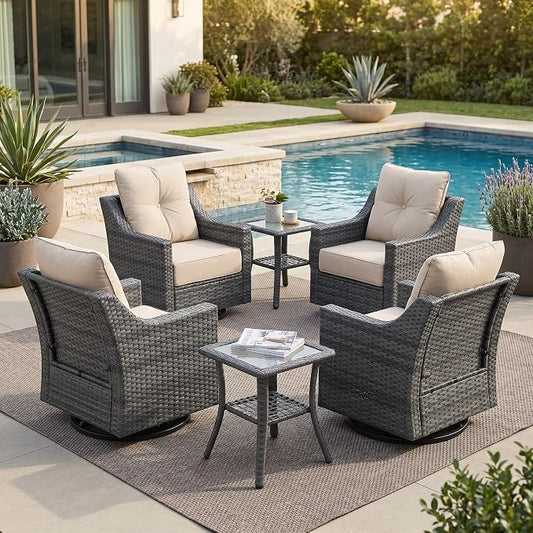 6-Piece Outdoor Patio Furniture Set, Grey Wicker Conversation Set with 4 Swivel Chairs and 2 Side Tables, 6-Inch Beige Cushions for Porch, Deck, Backyard