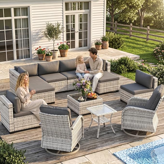 12-Piece Patio Furniture Set, Outdoor Patio Furniture with Swivel Chairs Set, Ottomans, Modular Patio Sofa, Dual-Strand Wicker Rattan, Rust-Resistant Frame, Black