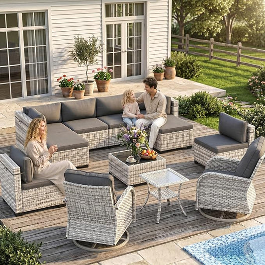 12-Piece Patio Furniture Set, Outdoor Patio Furniture with Swivel Chairs Set, Ottomans, Modular Patio Sofa, Dual-Strand Wicker Rattan, Rust-Resistant Frame, Black