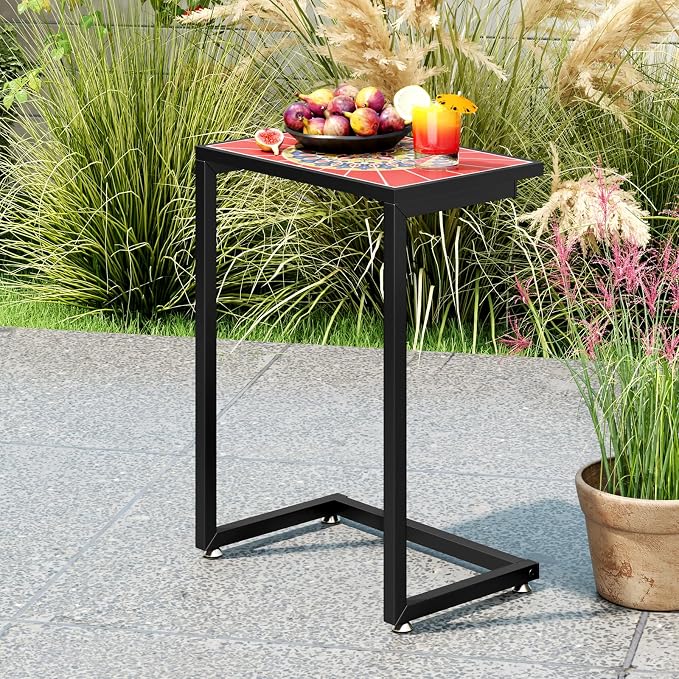 Giantex Mosaic C-Shaped Outdoor Side Table with Sturdy Metal Frame and Adjustable Foot Pads, 110 Lbs Capacity, Patio End Table for Sofa Side, Living Room, Bedroom, Outside (2)