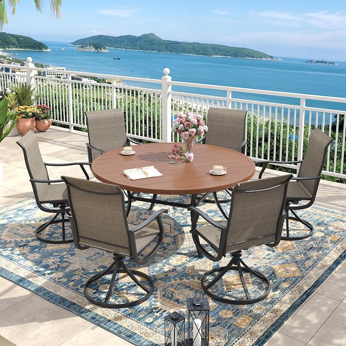 Outdoor Dining Set for 6, 50" Metal Round Outdoor Dining Table with Umbrella Hole and Sling Patio Swivel Chairs, 7 Pieces Patio Table and Chairs Set for Garden Backyard, Mixed Brown and Walnut