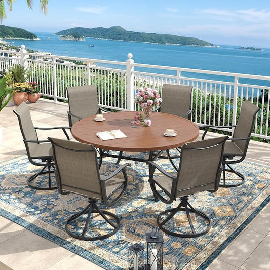 Outdoor Dining Set for 6, 50" Metal Round Outdoor Dining Table with Umbrella Hole and Sling Patio Swivel Chairs, 7 Pieces Patio Table and Chairs Set for Garden Backyard, Mixed Brown and Walnut
