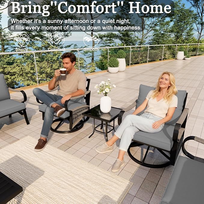 7 Pieces Patio Conversation Sets, All-Weather Metal Swivel Rocking Chairs with Rope Furniture Set, Outdoor Sofa Couch for Deck, Porch, Garden, Backyard, Poolside (Gray Cushions)