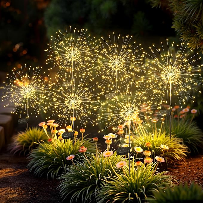 6Pack Solar Lights Outdoor, 120LED Firework Lights | Fireworks Lights Solar Powered, Waterproof Fairy Garden Lights Decor Outside for Yard Pathway Lawn Patio(Warm White)
