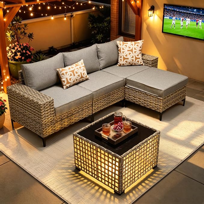 5-Piece Wicker Outdoor Sectional Furniture, Wide Armrest L-Shaped Patio Couch Set with Ottoman Thick Cushion, Modular Conversation Sets with Solar Table for Backyard Porch Balcony, Dark Gray