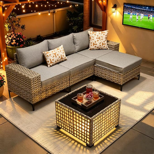 5-Piece Wicker Outdoor Sectional Furniture, Wide Armrest L-Shaped Patio Couch Set with Ottoman Thick Cushion, Modular Conversation Sets with Solar Table for Backyard Porch Balcony, Dark Gray