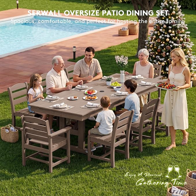 SERWALL 9 Piece Outdoor Dining Set, 84" HDPE Outdoor Table with 6 Armless Chairs and 2 Armchairs ，All Weather Patio Dining Furniture Set with Umbrella Hole for Backyard, Garden, Brown