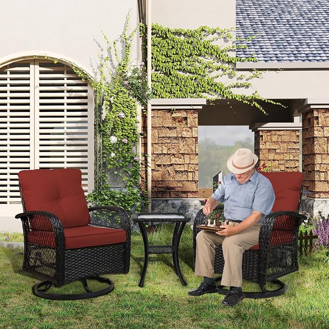 Outdoor Swivel Rocker Patio Chairs with Cushions，Outdoor Swivel Rocking Chairs Set of 2 with Rattan Side Table，360 Degree Swivel Seat Patio Furniture Set for Outside Porch Deck，3 Pieces